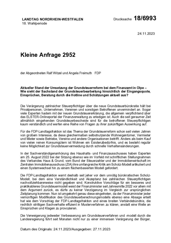 thumbnail of Aktueller Stand der Umsetzung der Grundsteuerreform bei dem Finanzamt in Olpe