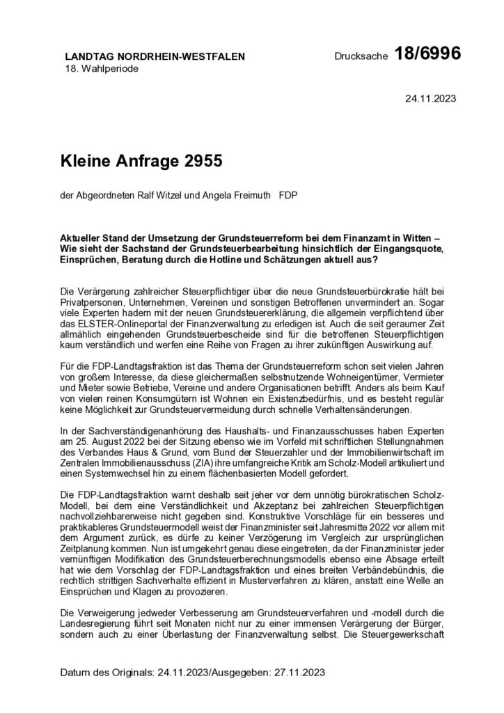 thumbnail of Aktueller Stand der Umsetzung der Grundsteuerreform bei dem Finanzamt in Witten