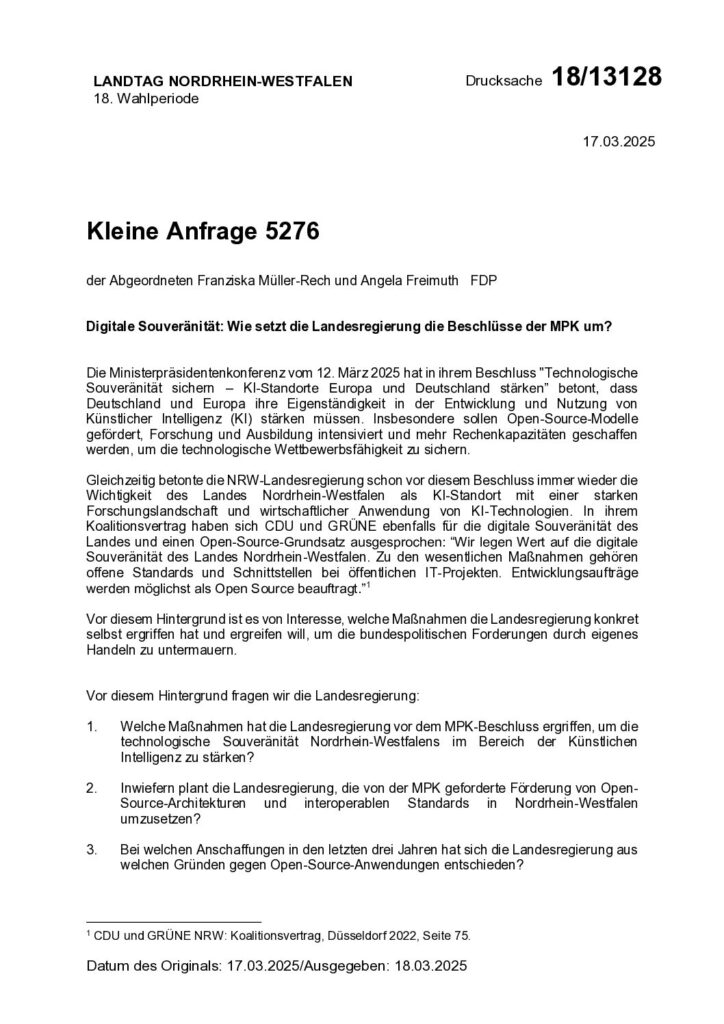 thumbnail of Digitale Souveränität: Wie setzt die Landesregierung die Beschlüsse der MPK um?