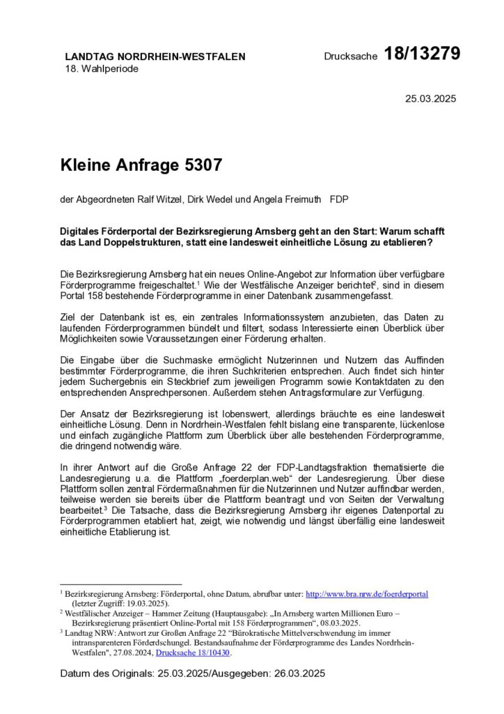 thumbnail of Digitales Förderportal der Bezirksregierung Arnsberg geht an den Start: Warum schafftdas Land Doppelstrukturen, statt eine landesweit einheitliche Lösung zu etablieren?