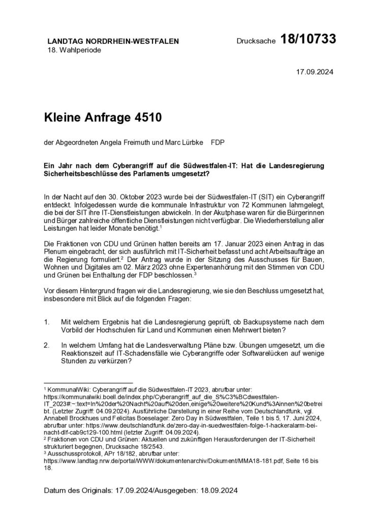 thumbnail of Ein Jahr nach dem Cyberangriff auf die Südwestfalen-IT: Hat die LandesregierungSicherheitsbeschlüsse des Parlaments umgesetzt?