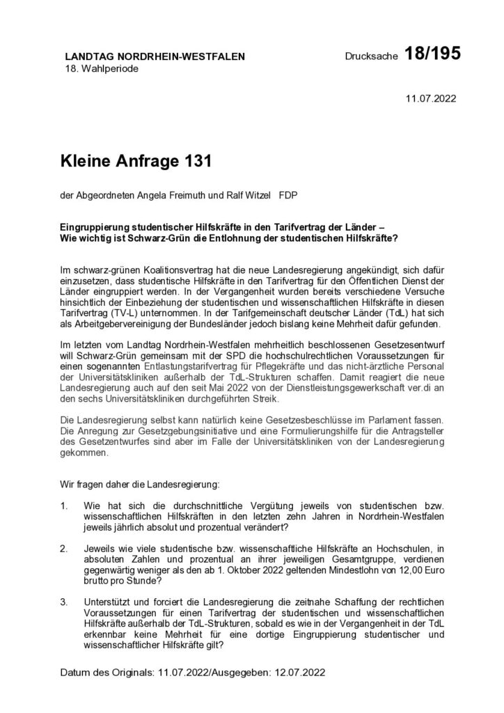 thumbnail of Eingruppierung studentischer Hilfskräfte in den Tarifvertrag der Länder –Wie wichtig ist Schwarz-Grün die Entlohnung der studentischen Hilfskräfte?