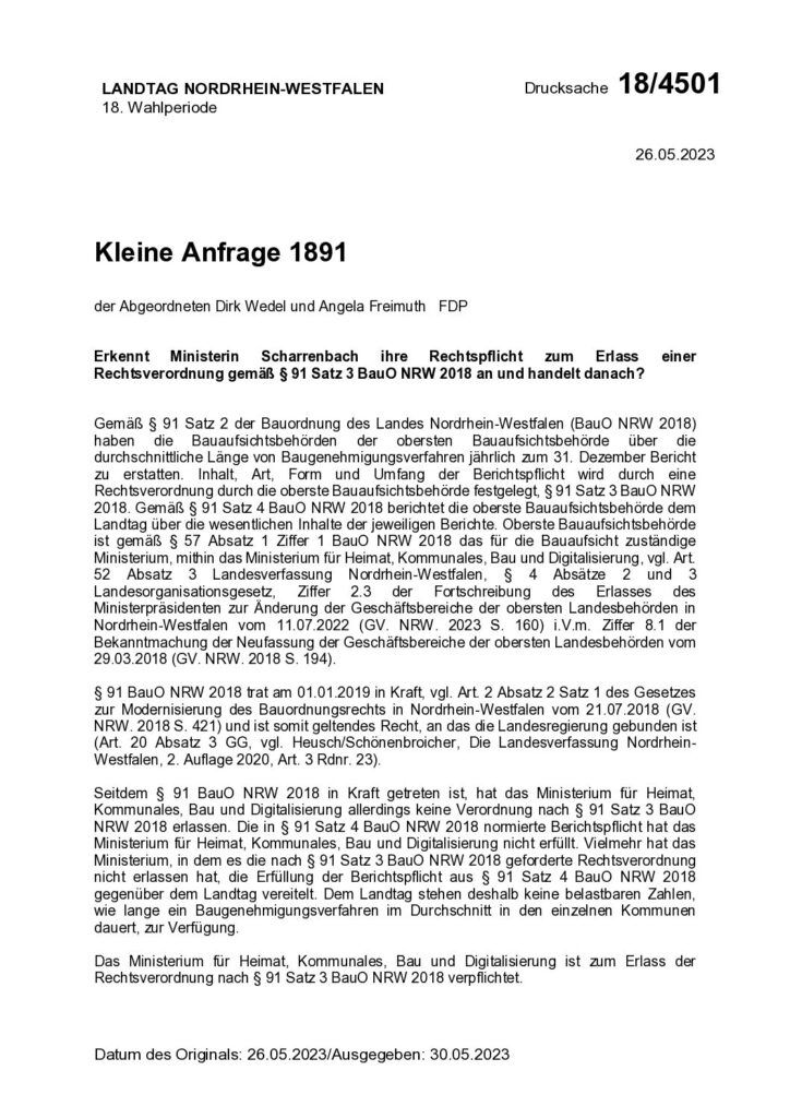 thumbnail of Erkennt Ministerin Scharrenbach ihre Rechtspflicht zum Erlass einerRechtsverordnung gemäß § 91 Satz 3 BauO NRW 2018 an und handelt danach?