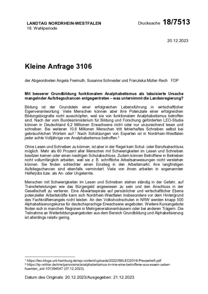 thumbnail of Mit besserer Grundbildung funktionalem Analphabetismus als tabuisierte Ursachemangelnder Aufstiegschancen entgegentreten – was unternimmt die Landesregierung?