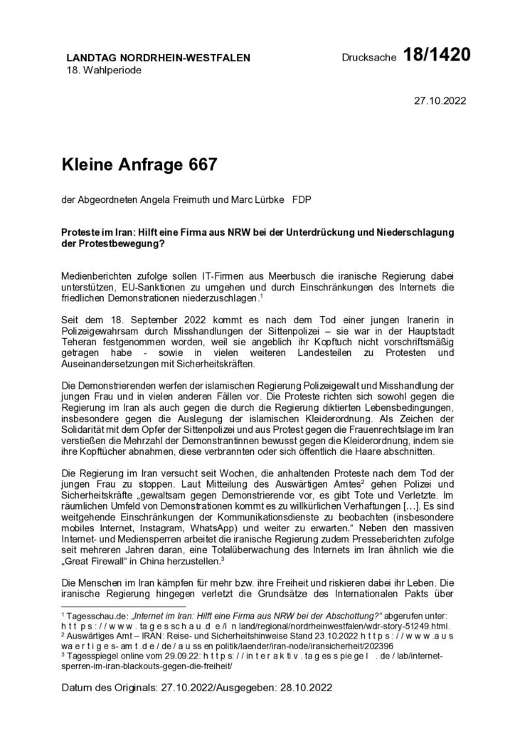 thumbnail of Proteste im Iran: Hilft eine Firma aus NRW bei der Unterdrückung und Niederschlagungder Protestbewegung?