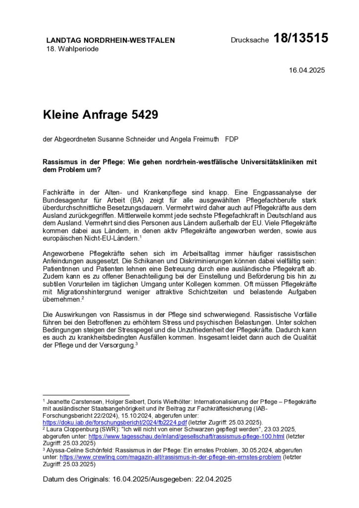 thumbnail of Rassismus in der Pflege: Wie gehen nordrhein-westfälische Universitätskliniken mitdem Problem um?