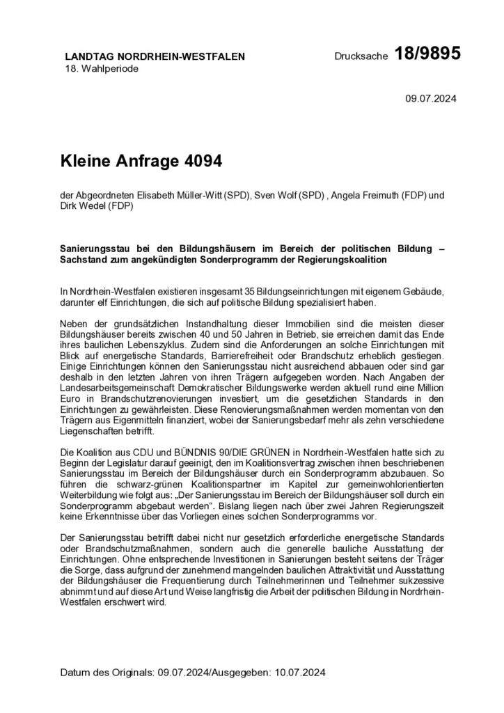 thumbnail of Sanierungsstau bei den Bildungshäusern im Bereich der politischen Bildung –Sachstand zum angekündigten Sonderprogramm der Regierungskoalition