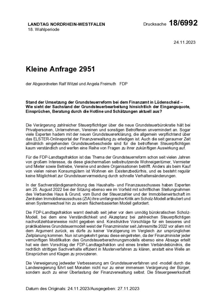 thumbnail of Stand der Umsetzung der Grundsteuerreform bei dem Finanzamt in Lüdenscheid