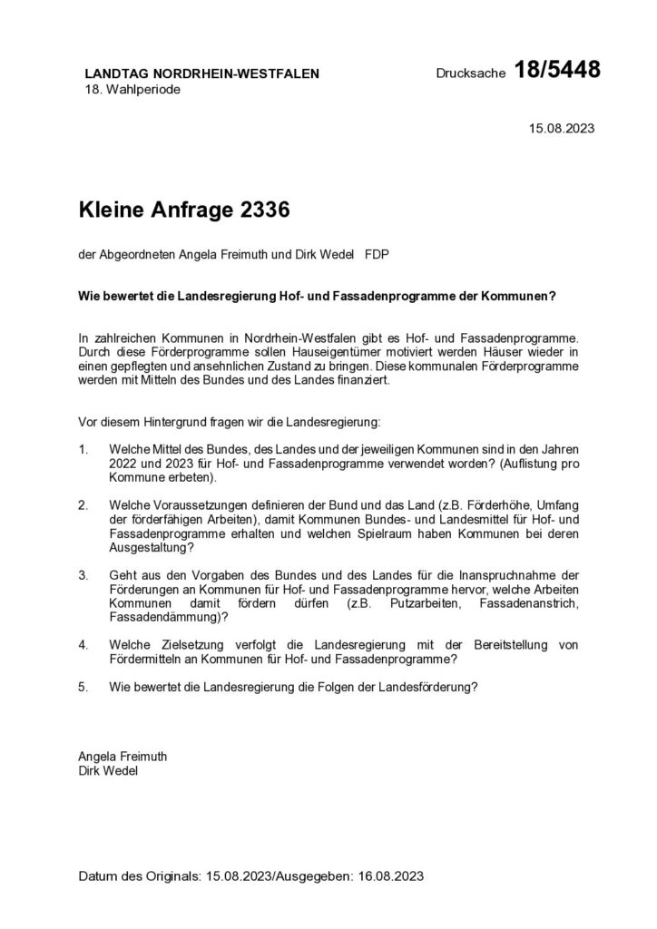 thumbnail of Wie bewertet die Landesregierung Hof- und Fassadenprogramme der Kommunen?
